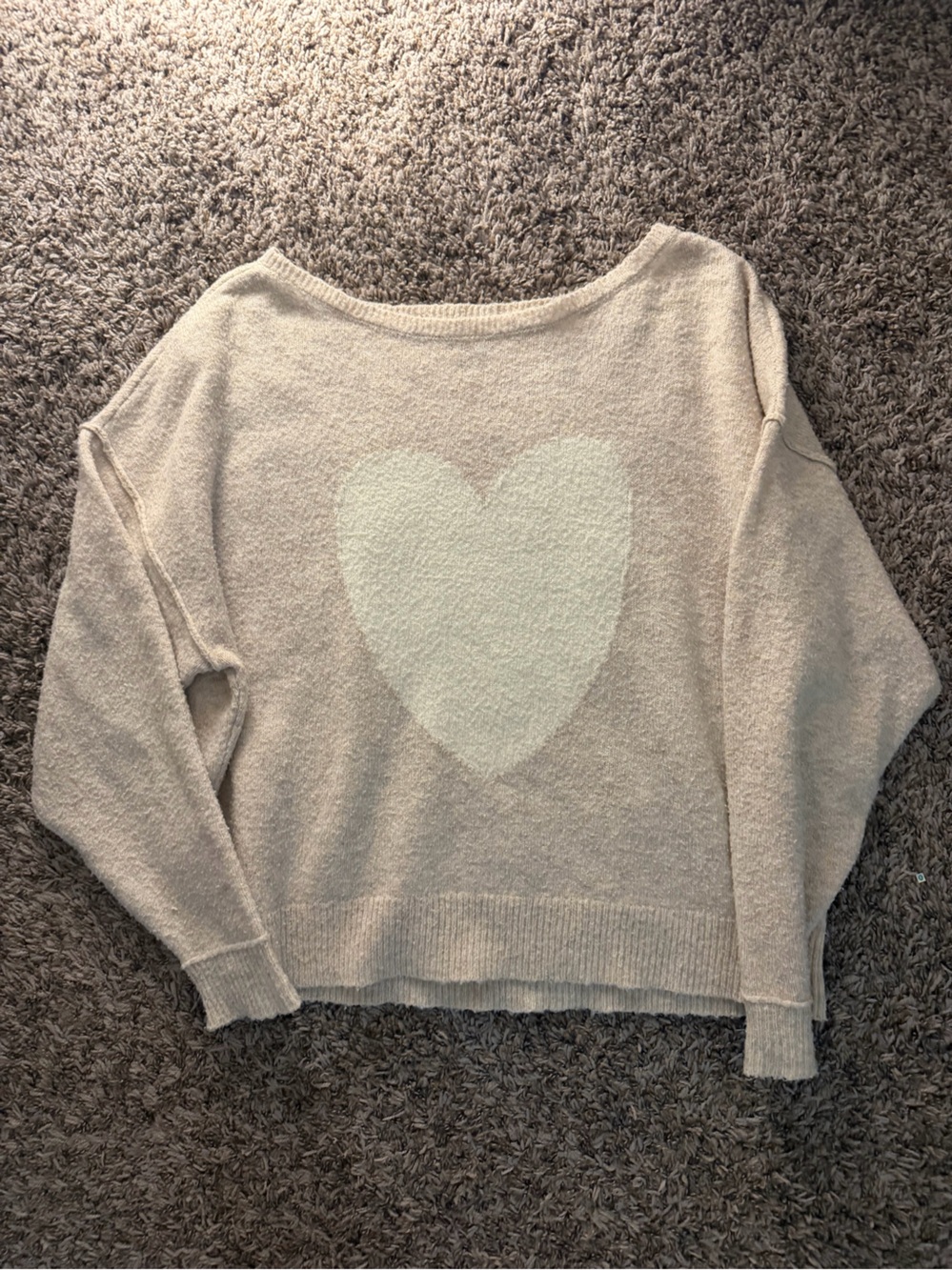 American Eagle Outfitters Cream Heart-Front Crewneck Sweater